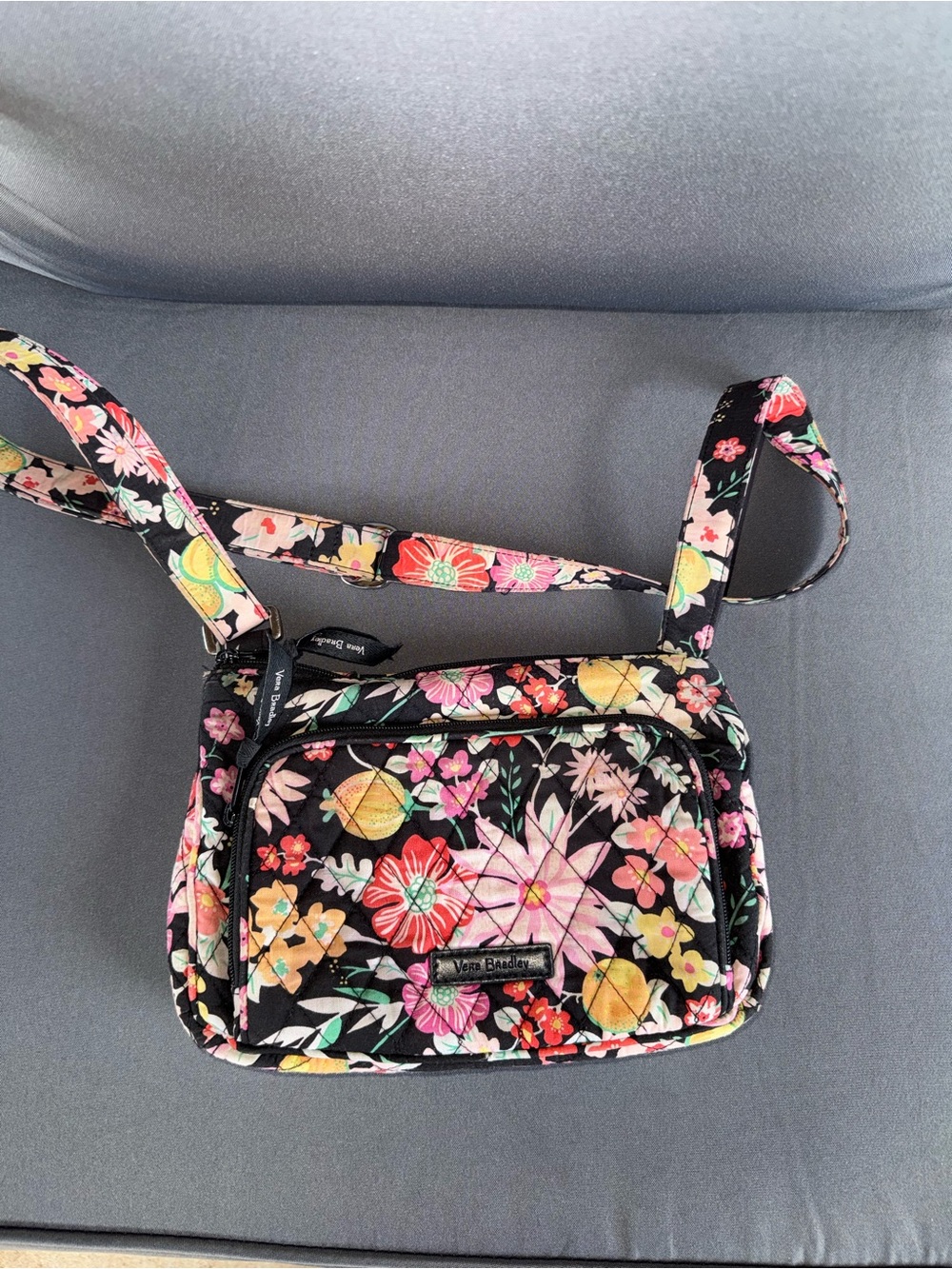 Vera Bradley Black Floral Quilted Crossbody with Pink, Yellow & Green Accents
